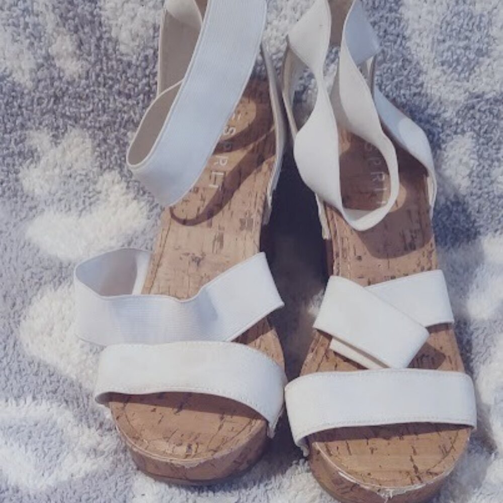ESPRIT GIGI SANDALS STRETCHY STRAPS WHITE ON CORK WEDGE WOMEN'S SIZE 8.5